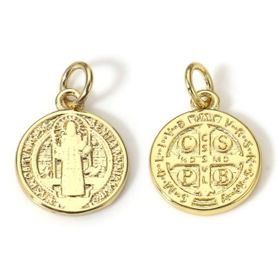 Picture of 1 Piece Brass Religious Disc Charms 18K Real Gold Plated Round St. Benedict Medal Double Sided 17.5mm x 12mm