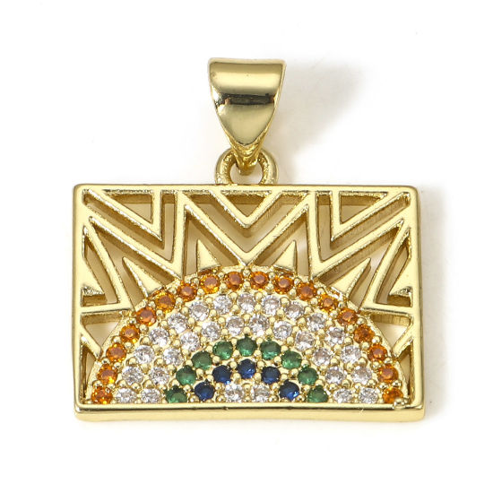 Picture of 1 Piece Brass Weather Collection Charm Pendant 18K Real Gold Plated Rainbow Filigree Micro Pave Multicolour Cubic Zirconia 20mm x 18mm