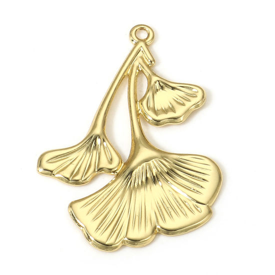 Picture of 1 Piece Brass Pendants 18K Real Gold Plated Gingko Leaf 3.2cm x 2.3cm