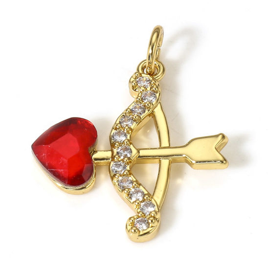 Picture of 1 Piece Brass Valentine's Day Charms 18K Real Gold Plated Cupid Arrow Micro Pave Clear & Red Cubic Zirconia 19mm x 16mm