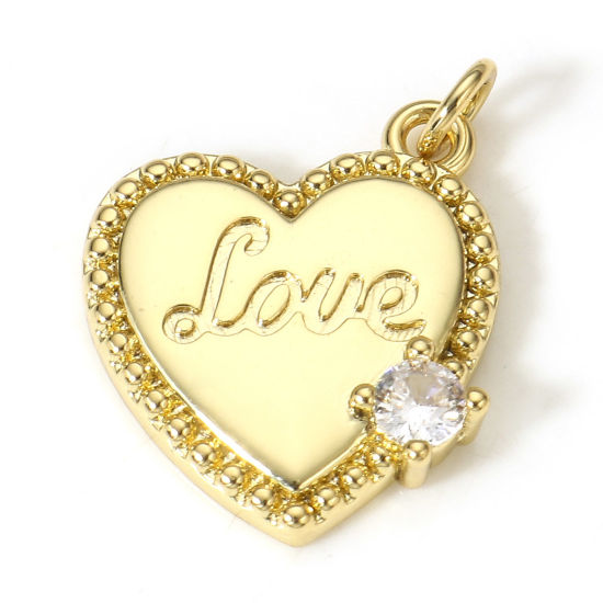 Picture of 1 Piece Brass Valentine's Day Charms 18K Real Gold Plated Heart Message " LOVE " Clear Cubic Zirconia 19mm x 14mm