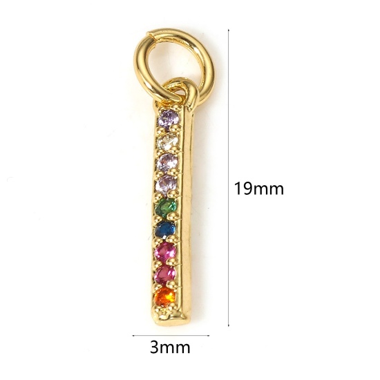 Picture of 1 Piece Brass Micro Pave Charms 18K Real Gold Plated Strip Micro Pave Multicolour Cubic Zirconia 19mm x 3mm
