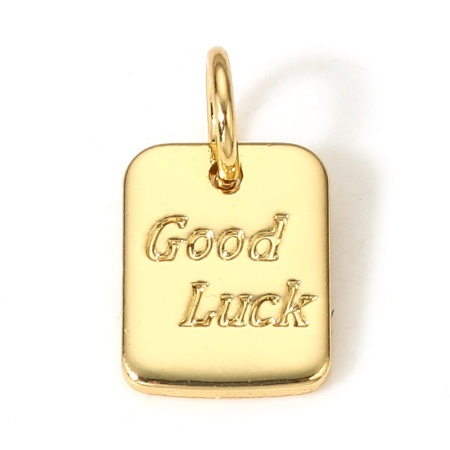 Image de 1 Pièce Breloques Énergie Positive en Laiton Rectangle Plaqué Or Véritable 18K Mots" GOOD LUCK " 12.5mm x 7mm