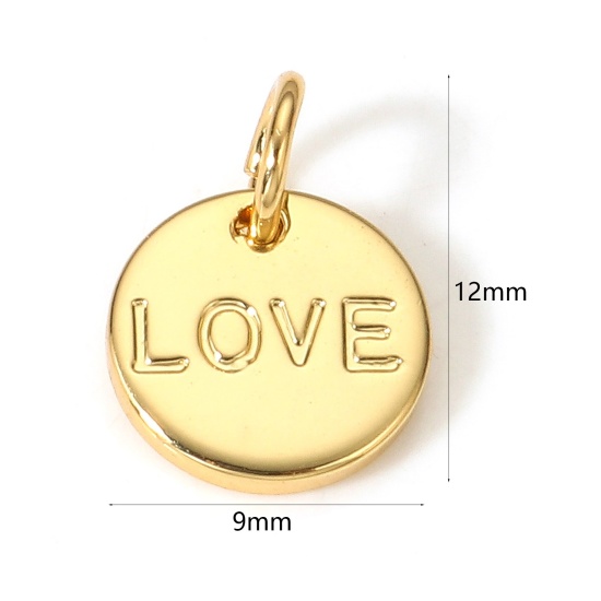 Picture of 1 Piece Brass Valentine's Day Disc Charms 18K Real Gold Plated Round Message " LOVE " 12mm x 9mm