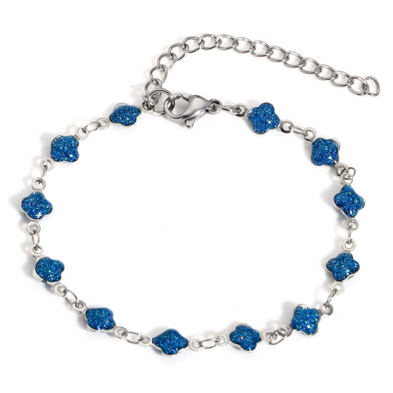Bild von 1 Strang 304 Edelstahl Handgefertigte Gliederkette Armband Silberfarbe Blau Blumen Emaille 16.5cm lang