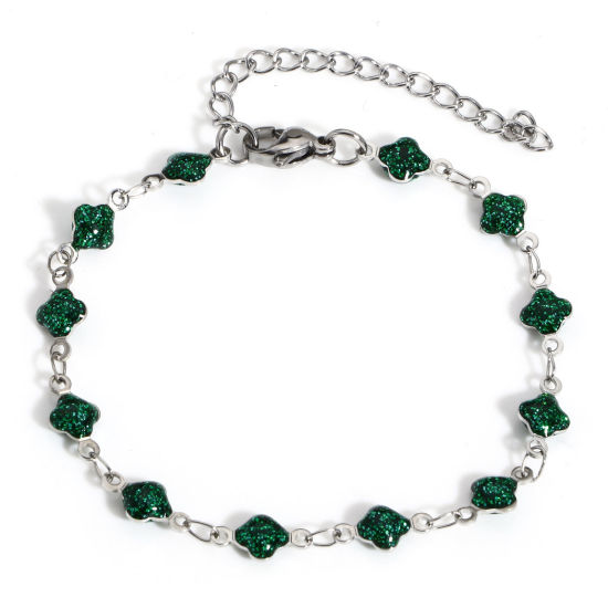 Bild von 1 Strang 304 Edelstahl Handgefertigte Gliederkette Armband Silberfarbe Grün Blumen Emaille 16.5cm lang
