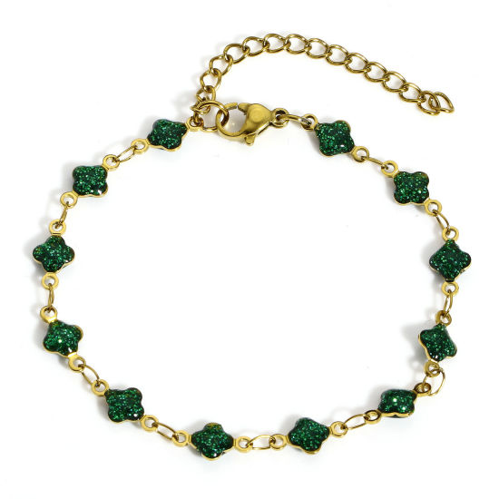 Bild von 1 Strang Vakuumbeschichtung 304 Edelstahl Handgefertigte Gliederkette Armband Vergoldet Grün Blumen Emaille 16.5cm lang