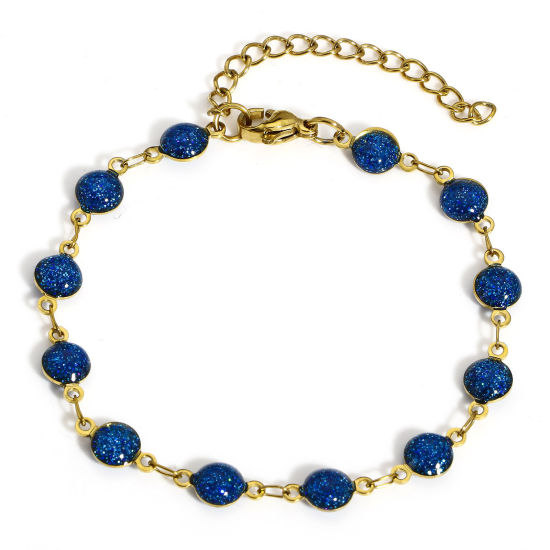 Immagine di 1 Pz Placcatura Sottovuoto 304 Acciaio Inossidabile Catena a Maglia Fatta a Mano Braccialetti Oro Placcato Blu Tondo Smalto a Doppia Faccia 17cm Lunghezza
