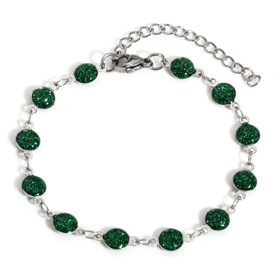 Immagine di 1 Pz 304 Acciaio Inossidabile Catena a Maglia Fatta a Mano Braccialetti Tono Argento Verde Tondo Smalto a Doppia Faccia 17cm Lunghezza