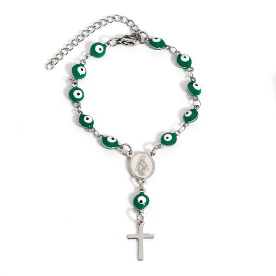 Picture of 1 Piece 304 Stainless Steel Religious Handmade Link Chain Charm Bracelets Silver Tone Green Evil Eye Cross Double-sided Enamel 15cm(5 7/8") long