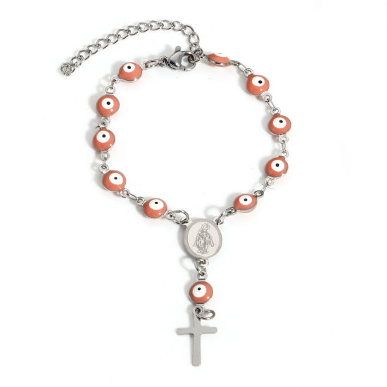 Picture of 1 Piece 304 Stainless Steel Religious Handmade Link Chain Charm Bracelets Silver Tone Orange Pink Evil Eye Cross Double-sided Enamel 15cm(5 7/8") long