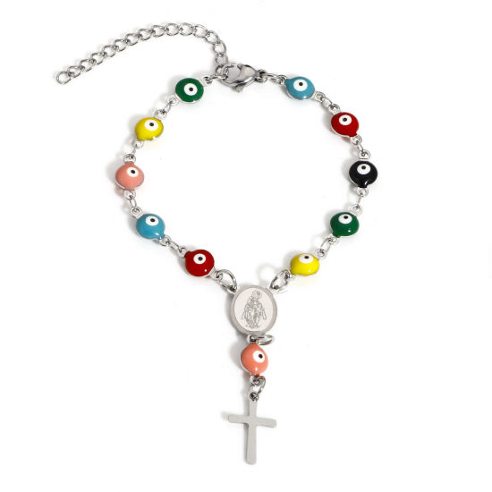 Picture of 1 Piece 304 Stainless Steel Religious Handmade Link Chain Charm Bracelets Silver Tone Multicolor Evil Eye Cross Double-sided Enamel 15cm(5 7/8") long
