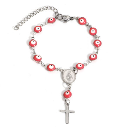 Image de 1 Pièce Bracelets à Breloque Chaîne à Maillons Faite à la Main Religieux en 304 Acier Inoxydable Argent Mat Rose Mauvais Œil Croix Émail Double Face 15cm long