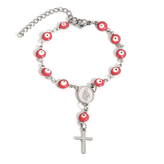 Picture of 1 Piece 304 Stainless Steel Religious Handmade Link Chain Charm Bracelets Silver Tone Pink Evil Eye Cross Double-sided Enamel 15cm(5 7/8") long