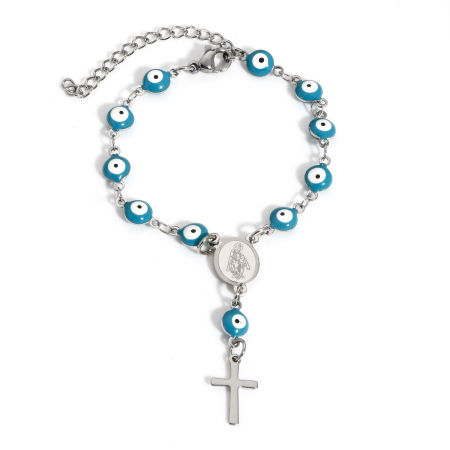 Picture of 304 Stainless Steel Religious Handmade Link Chain Bracelets Silver Tone Evil Eye Cross Double-sided Enamel 15cm(5 7/8