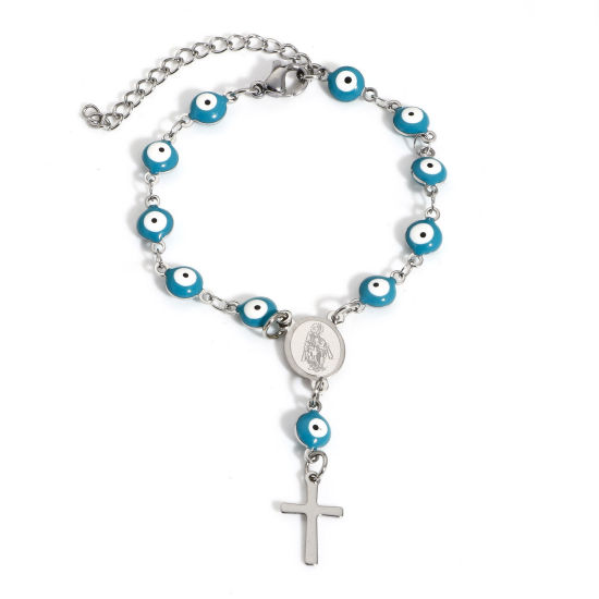 Picture of 1 Piece 304 Stainless Steel Religious Handmade Link Chain Charm Bracelets Silver Tone Green Blue Evil Eye Cross Double-sided Enamel 15cm(5 7/8") long