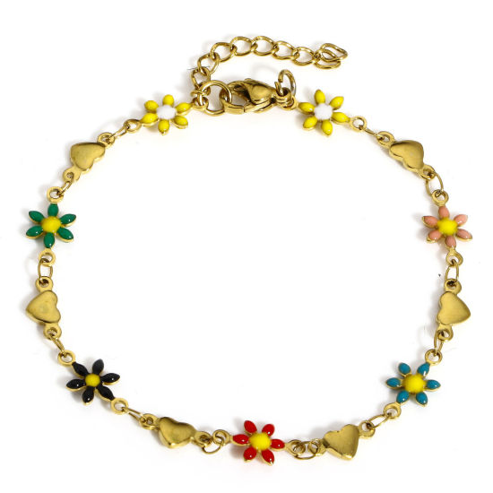 Picture of 1 Piece Vacuum Plating 304 Stainless Steel Valentine's Day Handmade Link Chain Bracelets Gold Plated Multicolor Daisy Flower Heart Double-sided Enamel 18.5cm(7 2/8") long