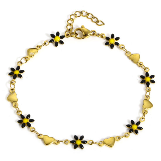 Picture of 1 Piece Vacuum Plating 304 Stainless Steel Valentine's Day Handmade Link Chain Bracelets Gold Plated Black Daisy Flower Heart Double-sided Enamel 18.5cm(7 2/8") long