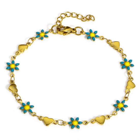 Picture of 1 Piece Vacuum Plating 304 Stainless Steel Valentine's Day Handmade Link Chain Bracelets Gold Plated Green Blue Daisy Flower Heart Double-sided Enamel 18.5cm(7 2/8") long