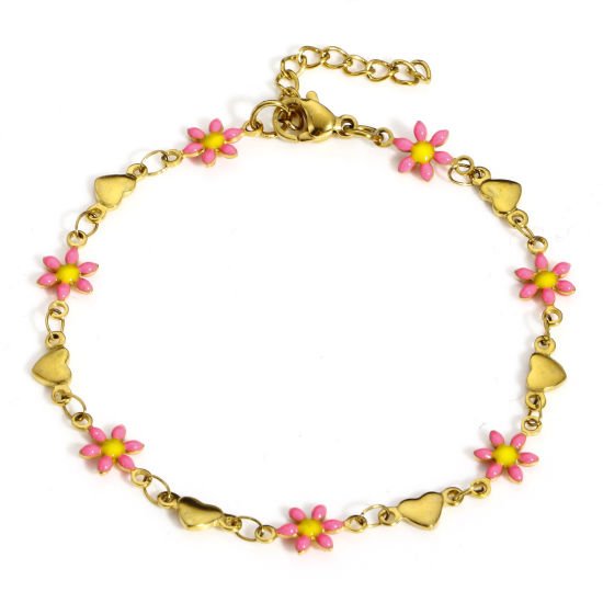 Picture of 1 Piece Vacuum Plating 304 Stainless Steel Valentine's Day Handmade Link Chain Bracelets Gold Plated Pink Daisy Flower Heart Double-sided Enamel 18.5cm(7 2/8") long