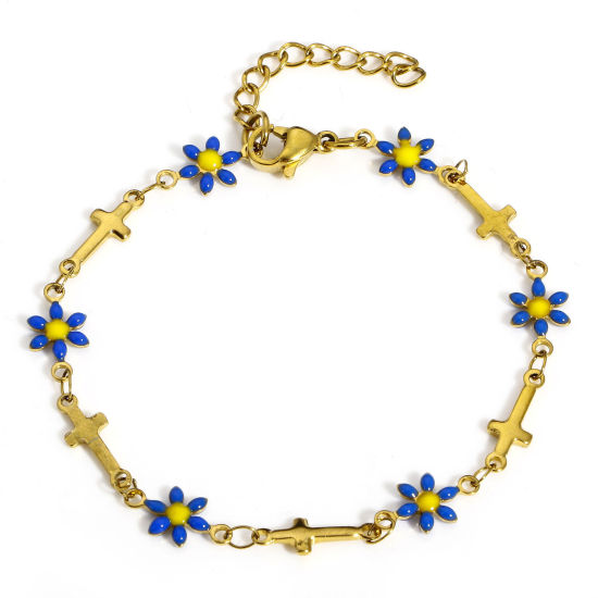 Immagine di 1 Pz Placcatura Sottovuoto PVD Ecologica Pastorale Naturale Religione Oro Placcato Blu Marino 304 Acciaio Inossidabile Catena a Maglia Fatta a Mano Croce Fiore Margherita Smalto a Doppia Faccia Braccialetti Per Donne Regalo 17.5cm Lunghezza