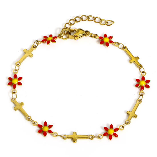 Immagine di 1 Pz Placcatura Sottovuoto PVD Ecologica Pastorale Naturale Religione Oro Placcato Rosso 304 Acciaio Inossidabile Catena a Maglia Fatta a Mano Croce Fiore Margherita Smalto a Doppia Faccia Braccialetti Per Donne Regalo 17.5cm Lunghezza