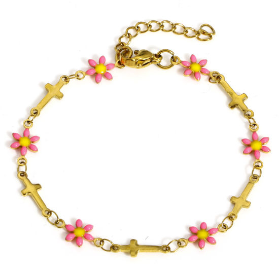 Immagine di 1 Pz Placcatura Sottovuoto PVD Ecologica Pastorale Naturale Religione Oro Placcato Rosa 304 Acciaio Inossidabile Catena a Maglia Fatta a Mano Croce Fiore Margherita Smalto a Doppia Faccia Braccialetti Per Donne Regalo 17.5cm Lunghezza