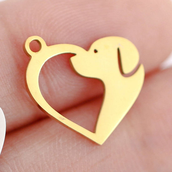 Picture of 3 PCs 304 Stainless Steel Charms Gold Plated Heart Dog Hollow 15mm x 15mm