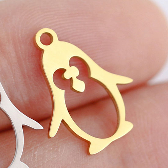 Picture of 3 PCs 304 Stainless Steel Charms Gold Plated Penguin Animal Hollow 13mm x 16mm