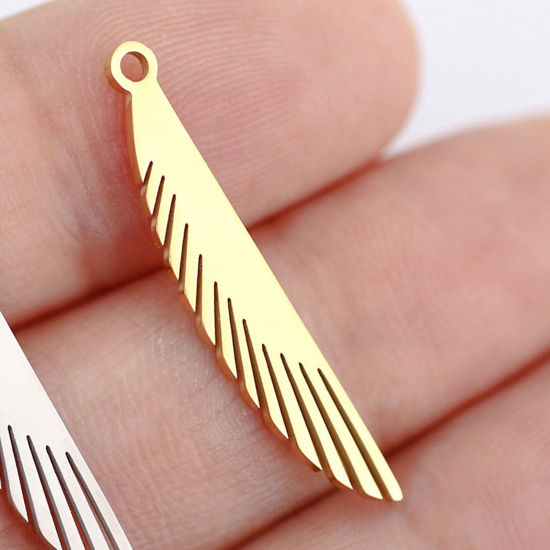 Picture of 3 PCs 304 Stainless Steel Charms Gold Plated Wing Hollow 6mm x 28mm