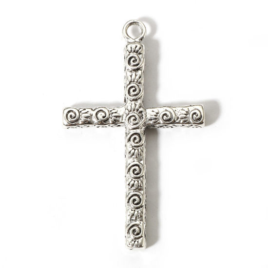 Picture of 2 PCs Zinc Based Alloy Religious Pendants Antique Silver Color Cross Spiral 6.6cm x 4cm