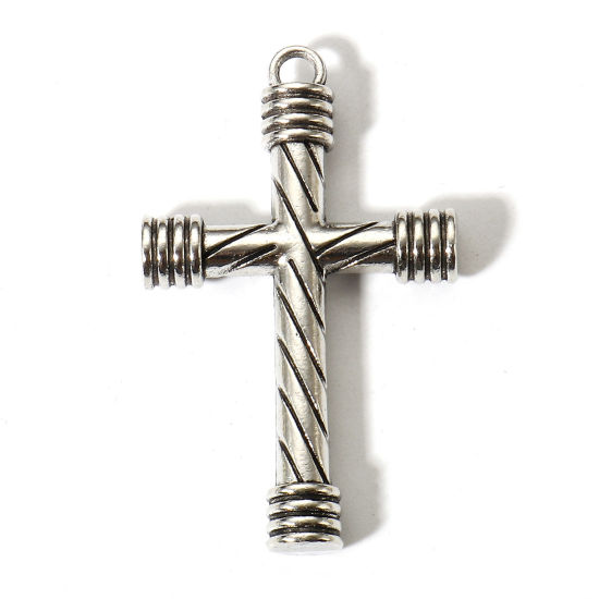 Picture of 2 PCs Zinc Based Alloy Religious Pendants Antique Silver Color Cross Stripe 5cm x 3.1cm