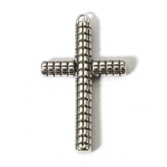 Picture of 2 PCs Zinc Based Alloy Religious Pendants Antique Silver Color Cross Grid Checker 5.3cm x 3.1cm