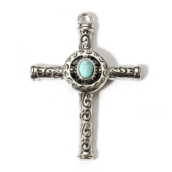 Picture of 2 PCs Zinc Based Alloy Religious Pendants Antique Silver Color Cross With Resin Cabochons Imitation Turquoise 6.5cm x 4.8cm