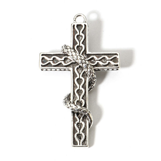 Picture of 2 PCs Zinc Based Alloy Religious Pendants Antique Silver Color Cross Snake 5.1cm x 3cm