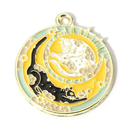 Picture of 10 PCs Zinc Based Alloy Gothic Charms Gold Plated Multicolor Cat Animal Sun & Moon 25mm x 22mm