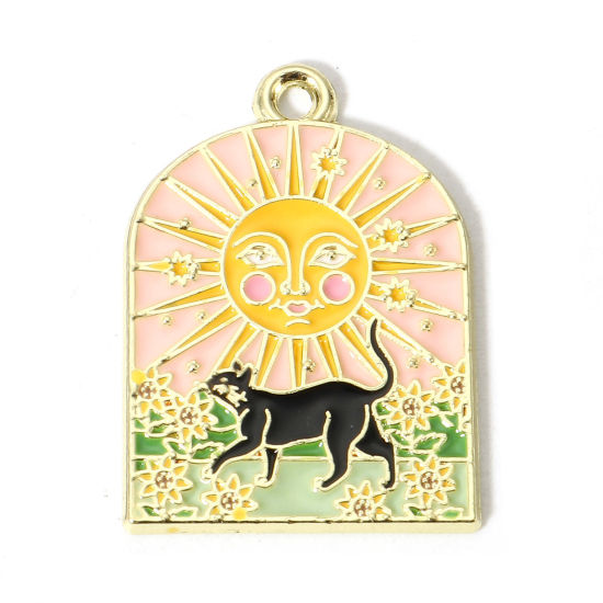 Picture of 10 PCs Zinc Based Alloy Gothic Charms Gold Plated Multicolor Cat Animal Sun & Moon 25mm x 18mm