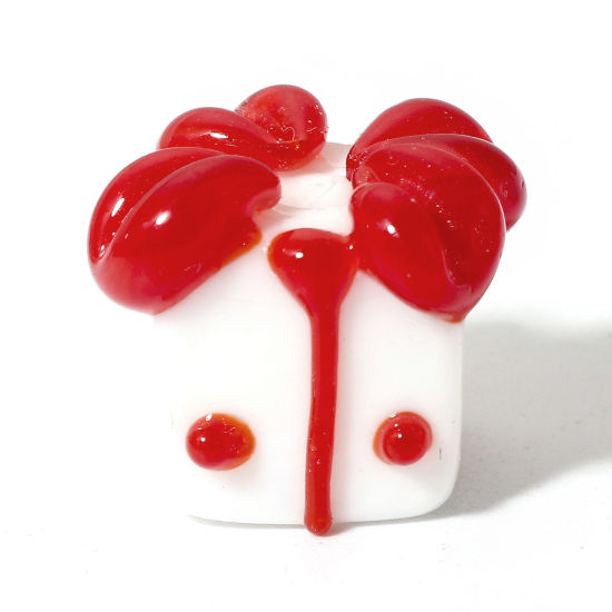 Picture of 2 PCs Lampwork Glass Beads For DIY Jewelry Making Gift Box White & Red 3D About 12mm x 12mm, Hole: Approx 1.5mm