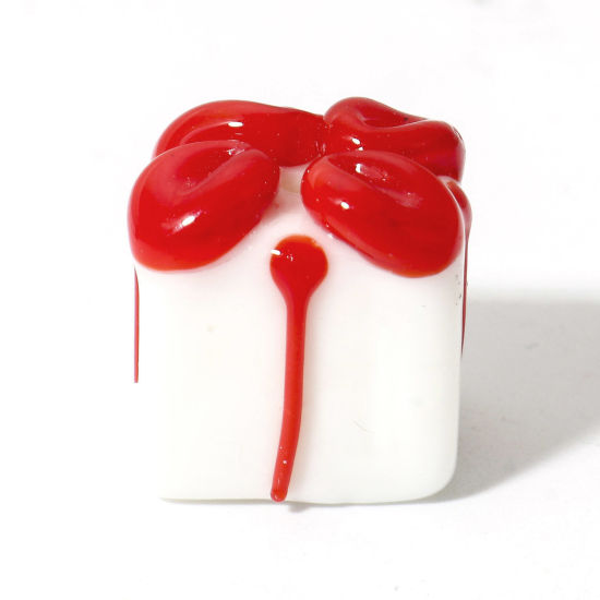 Bild von 2 Stück Muranoglas Perlen für die Herstellung von DIY-Charme-Schmuck Geschenkbox Weiß & Rot 3D ca 14mm x 14mm, Loch:ca. 2mm