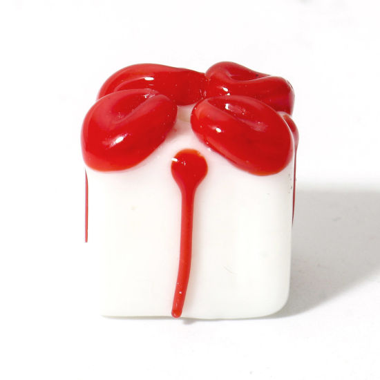 Picture of 2 PCs Lampwork Glass Beads For DIY Jewelry Making Gift Box White & Red 3D About 14mm x 14mm, Hole: Approx 2mm