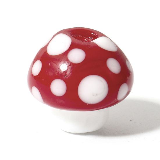 Picture of 2 PCs Lampwork Glass Beads For DIY Jewelry Making Mushroom White & Red 3D About 22mm x 20mm, Hole: Approx 1.8mm