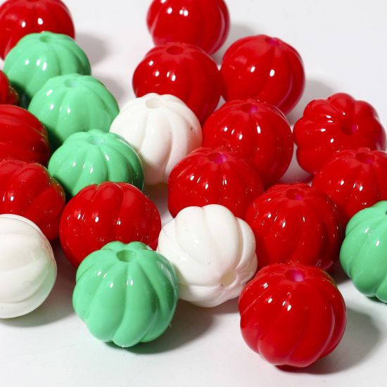 Picture of 20 PCs Acrylic Christmas Beads For DIY Charm Jewelry Making At Random Mixed Color Round Stripe 3D About 16mm Dia., Hole: Approx 2.6mm