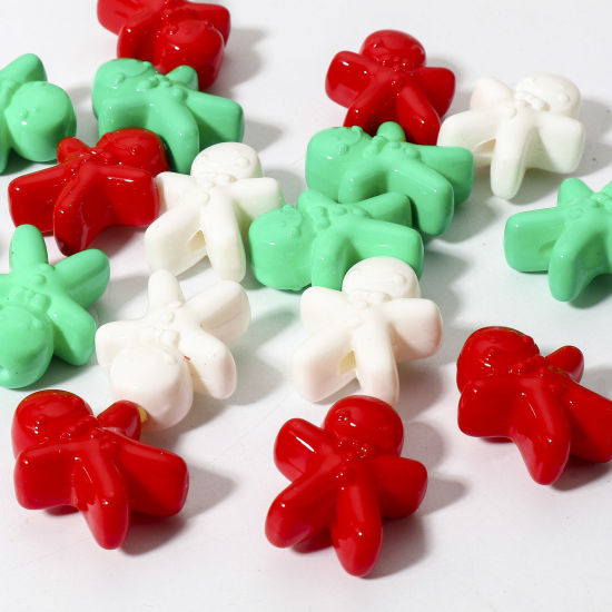 Picture of 20 PCs Acrylic Beads For DIY Charm Jewelry Making At Random Mixed Color Christmas Ginger Bread Man 3D About 23mm x 19mm, Hole: Approx 2.6mm