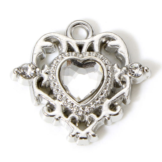 Picture of 5 PCs Zinc Based Alloy Fairy Tale Collection Charms Silver Tone Heart Clear Rhinestone 17mm x 16mm