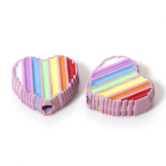 Picture of 5 PCs Zinc Based Alloy Valentine's Day Spacer Beads For DIY Charm Jewelry Making Pink Heart Rainbow Enamel About 11mm x 11mm, Hole: Approx 1.4mm