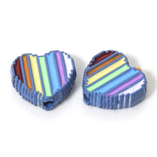 Picture of 5 PCs Zinc Based Alloy Valentine's Day Spacer Beads For DIY Charm Jewelry Making Blue Heart Rainbow Enamel About 11mm x 11mm, Hole: Approx 1.4mm