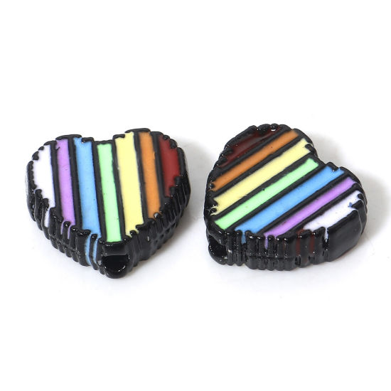 Picture of 5 PCs Zinc Based Alloy Valentine's Day Spacer Beads For DIY Charm Jewelry Making Black Heart Rainbow Enamel About 11mm x 11mm, Hole: Approx 1.4mm