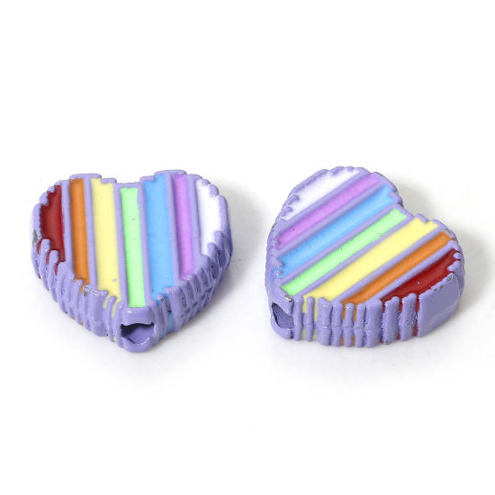 Picture of 5 PCs Zinc Based Alloy Valentine's Day Spacer Beads For DIY Charm Jewelry Making Purple Heart Rainbow Enamel About 11mm x 11mm, Hole: Approx 1.4mm