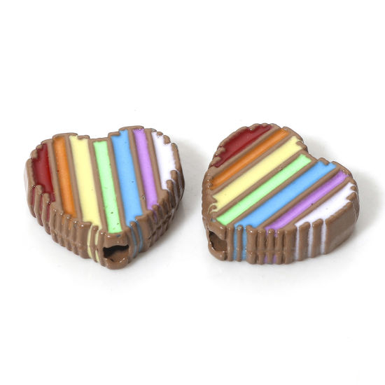Picture of 5 PCs Zinc Based Alloy Valentine's Day Spacer Beads For DIY Charm Jewelry Making Brown Heart Rainbow Enamel About 11mm x 11mm, Hole: Approx 1.4mm