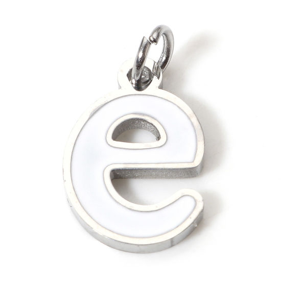Immagine di 1 Pz 304 Acciaio Inossidabile Charms Lettere Minuscole Tono Argento Bianco Messaggio " E " Smalto 15mm x 8mm